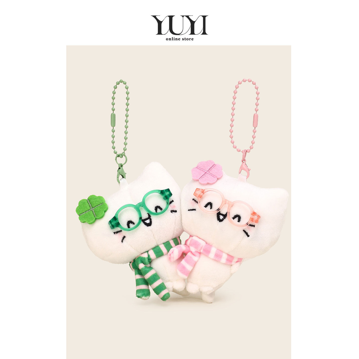 YUYI原创可爱四叶草幸运小猫咪情侣磁吸一对闺蜜双人玩偶书包挂件