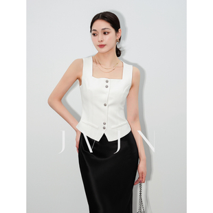 JVJN 法式气质通勤无袖修身马甲女多裁片显瘦宽肩背心方领短上衣