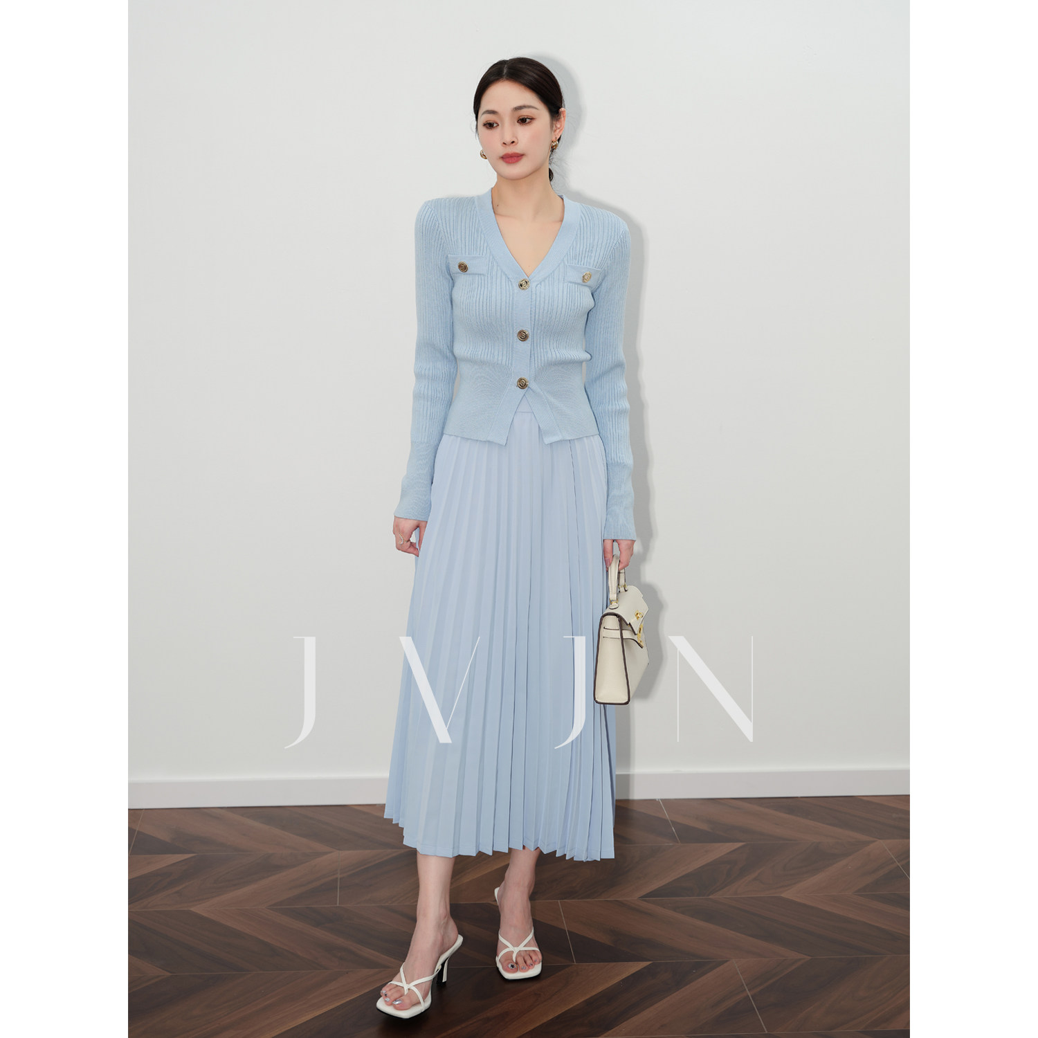 JVJN 2024秋法式气质小香风短款长袖修身针织衫女高腰压褶半身裙B,女装/女士精品,时尚套装,淘宝优惠券,粉丝福利购,淘宝优惠卷