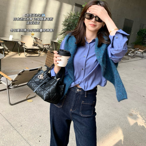 CherieBunny叠搭神器海蓝短龙骨可diy造型棉尖领气质长袖百搭衬衫
