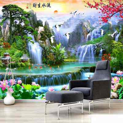 中式3d立体电视背景墙纸沙发影视墙山水风景壁纸迎客松壁画墙布