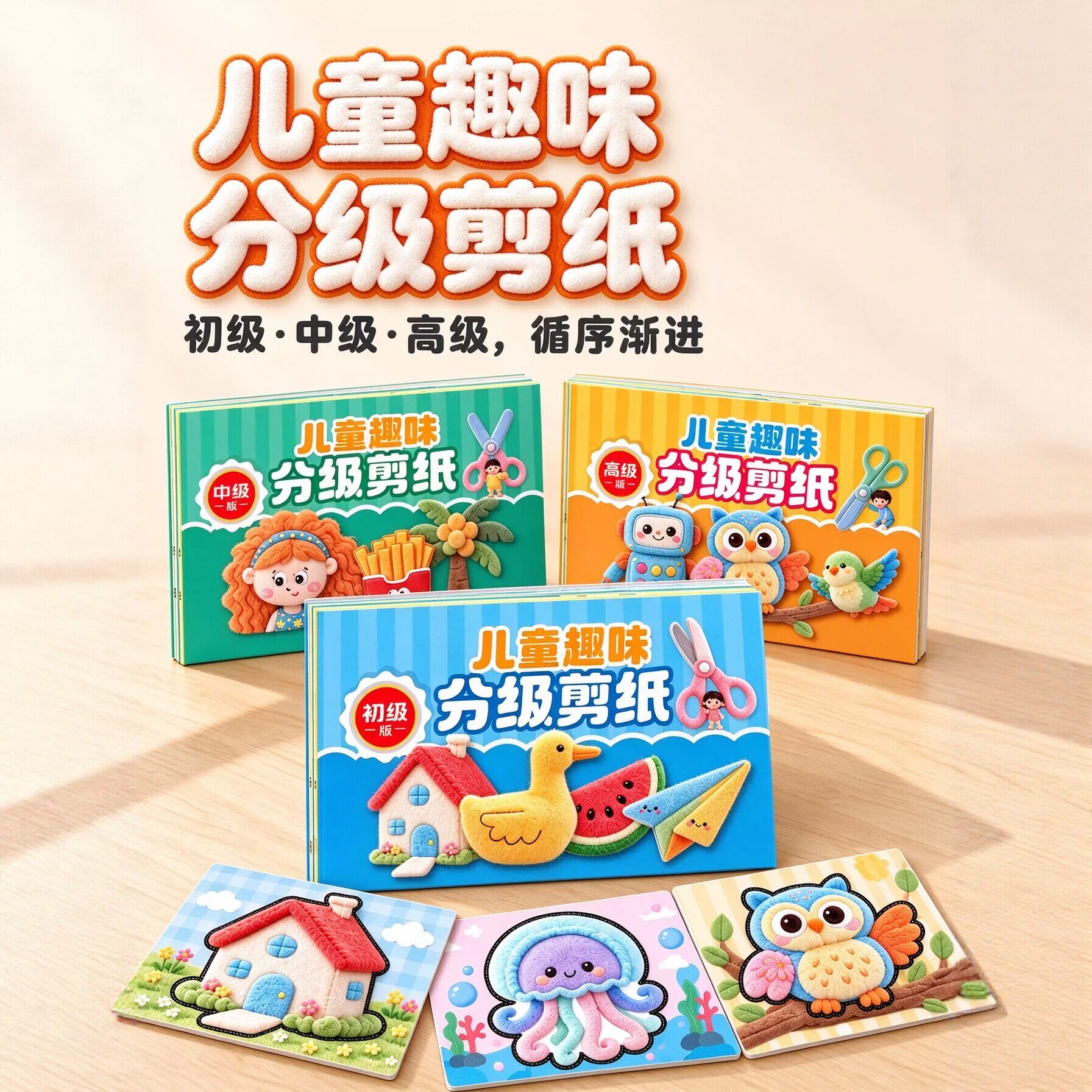 3D毛绒趣味分级剪纸儿童手工幼儿园3-6岁手工制作启蒙玩具diy贴画