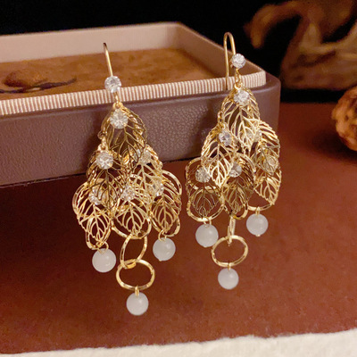 欧美跨境金属镂空树叶流苏耳坠个性轻奢百搭长款高品质耳环批发