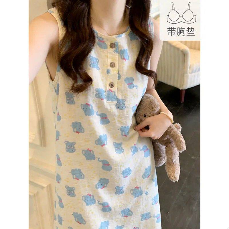 云朵棉背心睡裙女2026新款夏季卡通小象满印无袖家居服中长款睡衣