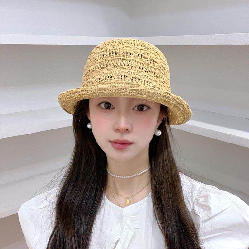 新款草帽卷边纯色渔夫帽夏季镂空透气防晒遮阳显脸小百搭盆帽子女