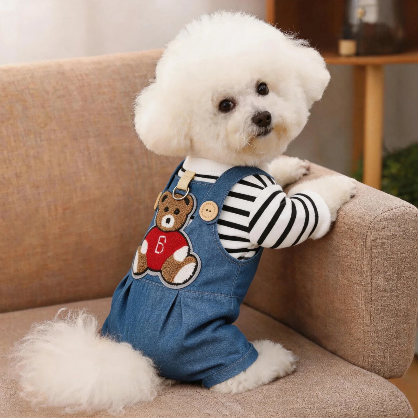 狗狗衣服春秋薄款条纹背带裤泰迪比熊博美小型犬雪纳瑞宠物四脚衣图片