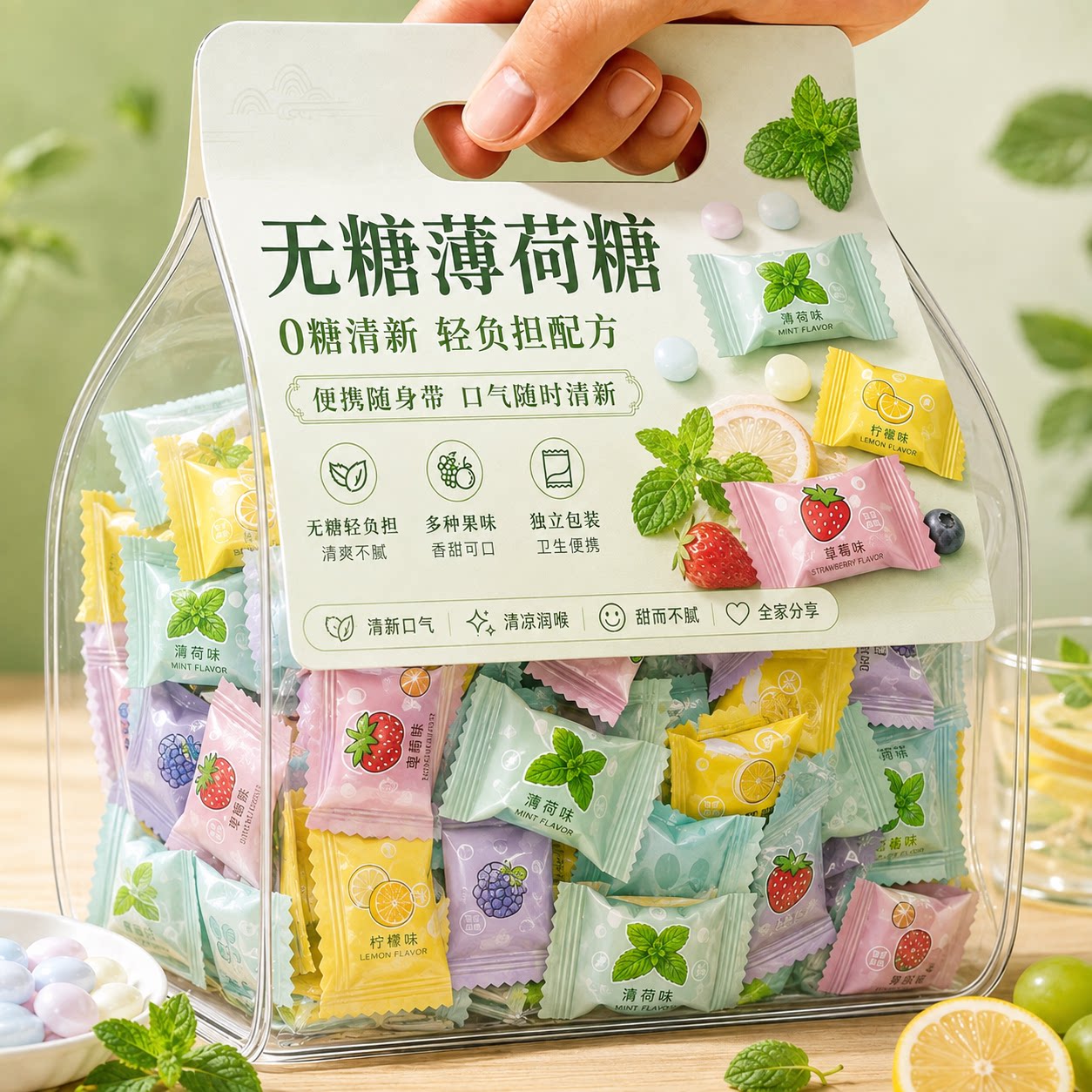 无糖维C薄荷糖独立小包装提神清新口气花香糖强劲清凉六种口味