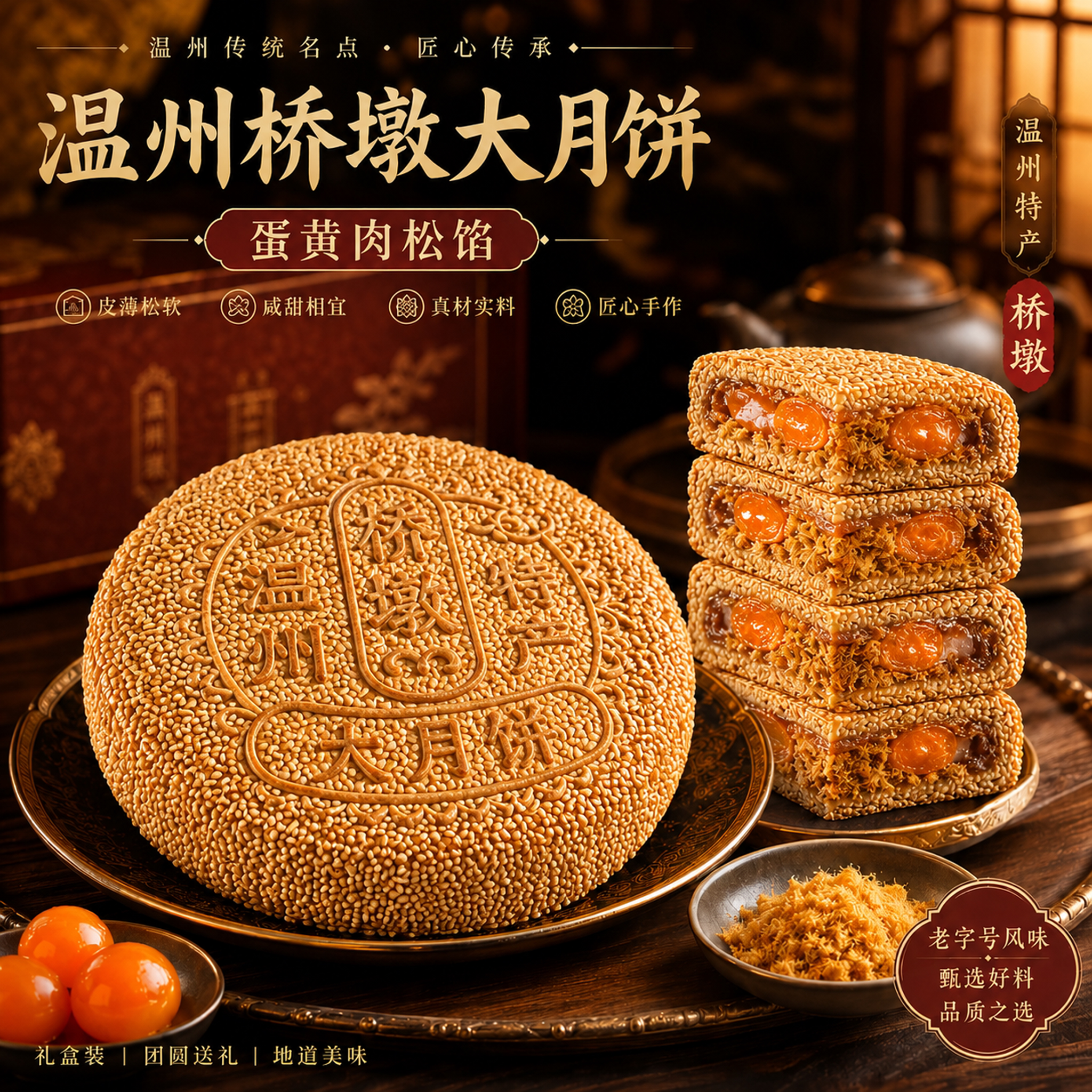 传统老式！正宗温州桥墩大月饼五仁鲜肉蛋黄肉松手工制作礼盒装