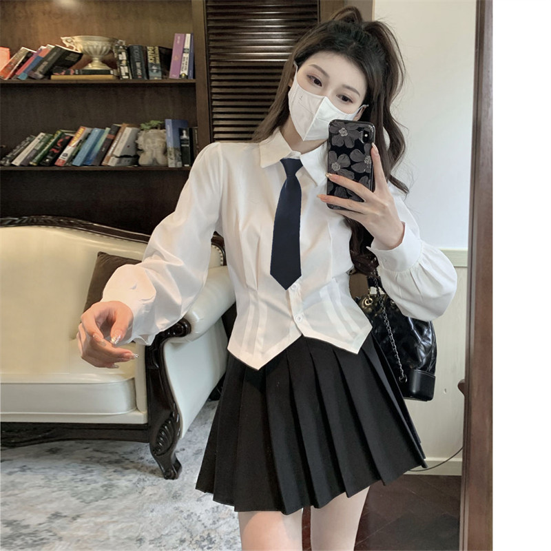 JK UNIFORM SUIT LONG SLEEVE WHITE SHIRT WOMENS SPRING AND AUTUMN SEASON SMALL MAN SHORT COLLEGE STYLE BEAUTIFUL CHIC WAIST TOP