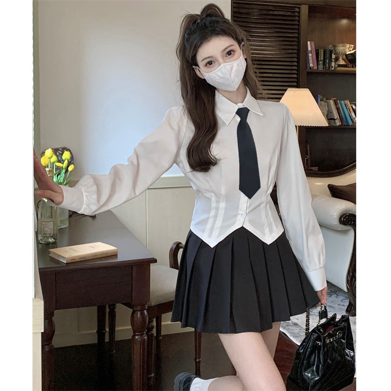 JK UNIFORM SUIT LONG SLEEVE WHITE SHIRT WOMENS SPRING AND AUTUMN SEASON SMALL MAN SHORT COLLEGE STYLE BEAUTIFUL CHIC WAIST TOP