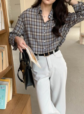 JillZoo早秋新款 中古肌理格纹撞色宽松休闲衬衫ZY