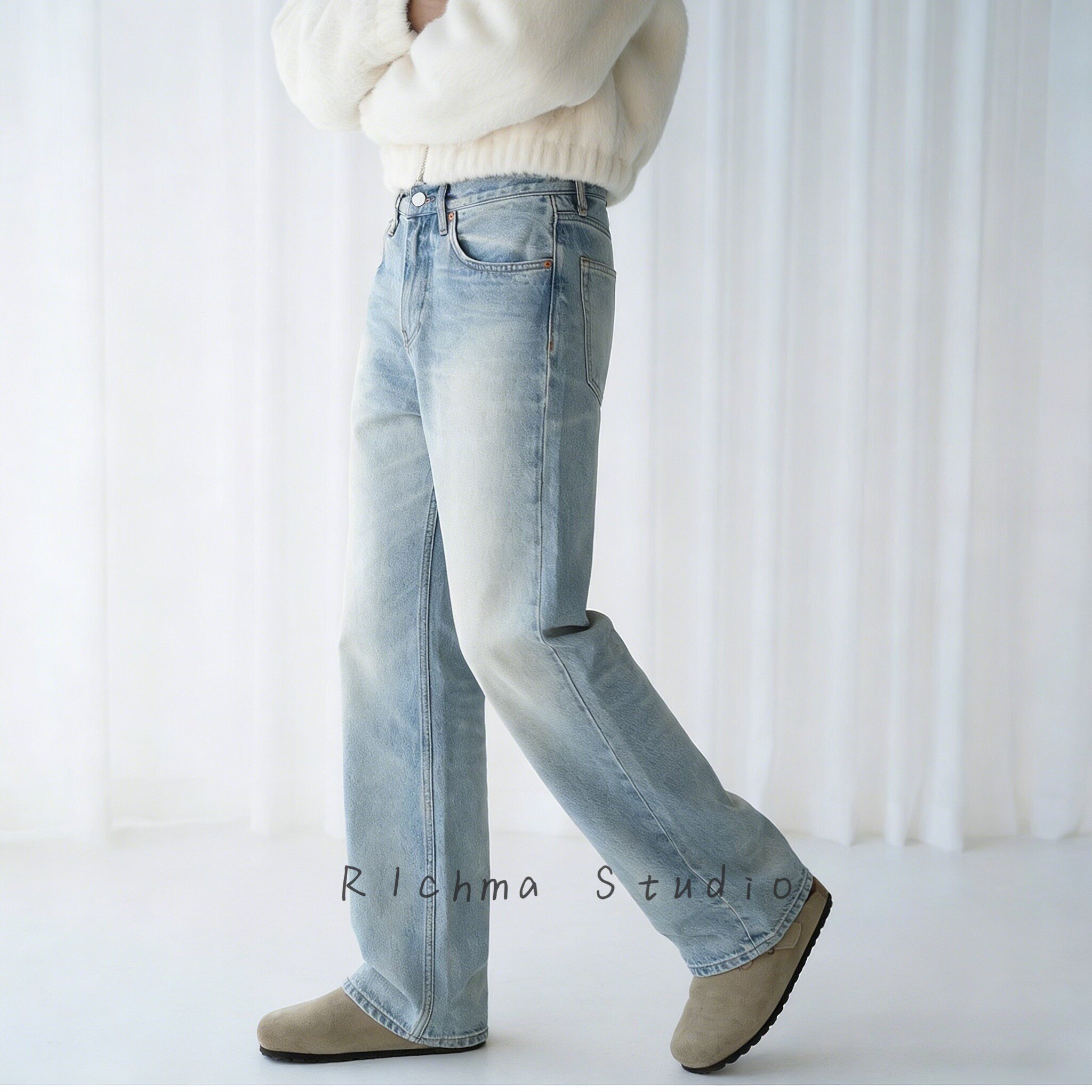 R1chma|美国CONE康龙面505宽松直筒复古水洗做旧牛仔裤男士裤子