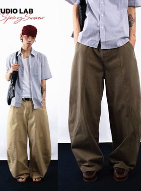 LDSTUDIOLAB原创 日系复古水洗卡其军绿宽松弯刀香蕉工装长裤男女