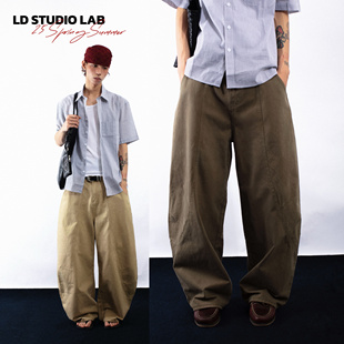 LDSTUDIOLAB原创 日系复古水洗卡其军绿宽松弯刀香蕉工装长裤男女