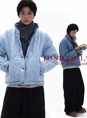 LDSTUDIOLAB原创 日系复古雾霾蓝色双面穿灯芯绒夹棉夹克棉服外套
