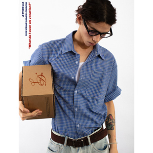 LDSTUDIOLAB原创 日系复古基础百搭蓝格纹格子短袖中袖衬衫男女