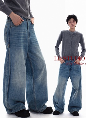 LDSTUDIOLAB原创 日系复古蓝色水洗折边阔腿直筒牛仔裤长裤男女