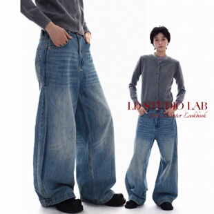 LDSTUDIOLAB原创 日系复古蓝色水洗折边阔腿直筒牛仔裤长裤男女