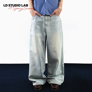 LDSTUDIOLAB原创 日系复古浅蓝色水洗宽松直筒牛仔裤长裤男女