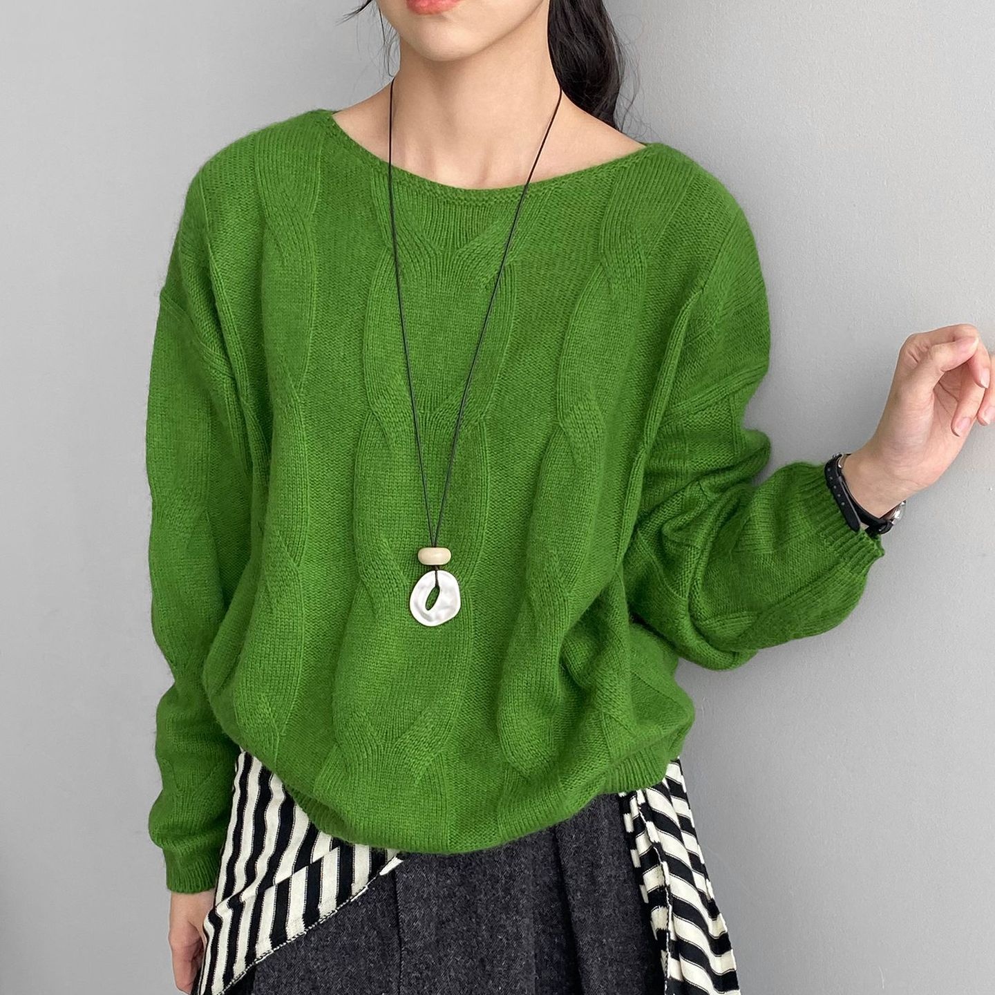 韩版25秋冬复古麻花兔毛羊毛毛衣女套头圆领宽松休闲针织打底衫潮