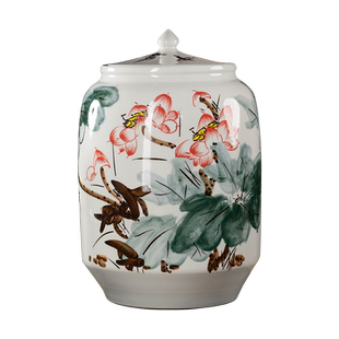 景德镇陶瓷大口米缸油缸面粉水桶50斤家用带盖防潮茶叶储物密封罐