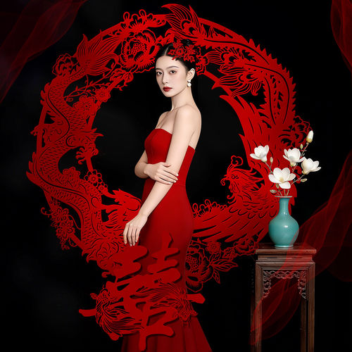 中式植绒喜字剪纸婚房布置装饰婚礼结婚新娘晨袍订婚龙凤拍照道具