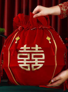 结婚包袱皮刺绣束口福袋女方陪嫁聚宝盆抽拉包裹红布婚庆用品大全