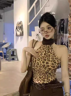 美式辣妹豹纹露背挂脖吊带带胸垫女夏季紧身内搭短款外穿性感