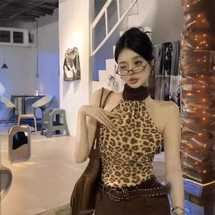 美式辣妹豹纹露背挂脖吊带带胸垫女夏季紧身内搭短款外穿性感