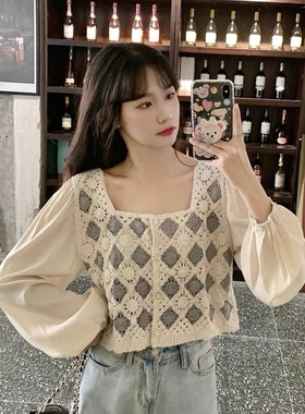 法式复古雪纺拼接洋气小衫女原创设计感小众刺绣镂空方领别致上衣