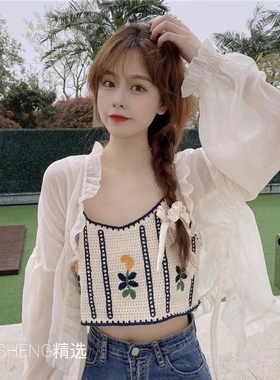 2024新款条纹绣花吊带背心短款露脐针织百搭外穿衫女上衣温柔法式