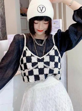 小清新格子吊带背心女夏季百搭时尚法式复古叠穿短款上衣刺绣潮流