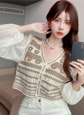 2024早秋薄款假两件拼接雪纺提花V领针织衫韩撞色花朵衬衣开衫女