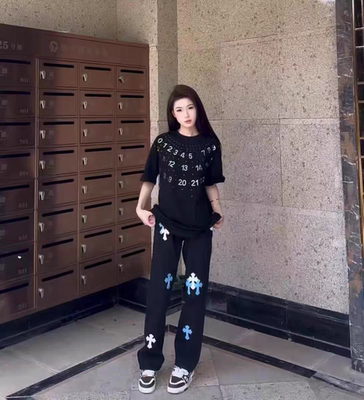 美式高街新款十字架贴布网红同款潮牌牛仔长裤宽松百搭休闲男女