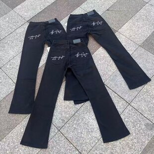 美式vibe复古水洗手缝线音符刺绣微喇弹力牛仔裤男517风修身长裤