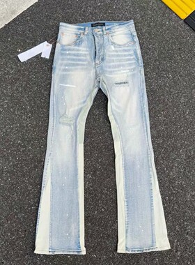 26新款美式高街pu泼墨破洞拼接微喇牛仔裤男女网红同款休闲长裤子