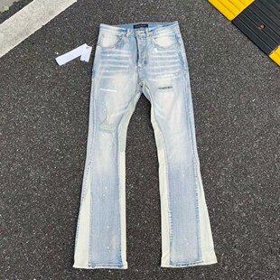 26新款美式高街pu泼墨破洞拼接微喇牛仔裤男女网红同款休闲长裤子