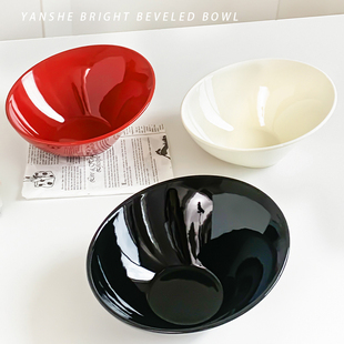韩式ins手捏亮光纯色陶瓷餐具斜口沙拉碗斗笠碗家用意面碗水果碗