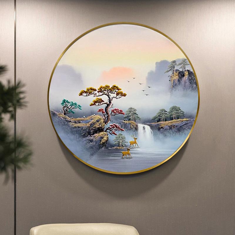 新中式圆形装饰画入户玄关走廊挂画山水画带灯光LED壁画手绘油画图片