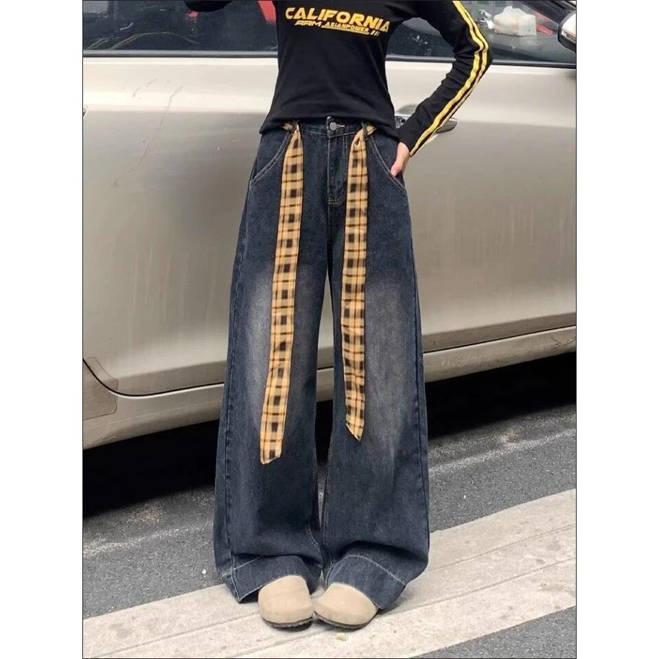 L1004#【非实拍】美式复古高街阔腿牛仔裤女显瘦高腰辣妹宽松长裤