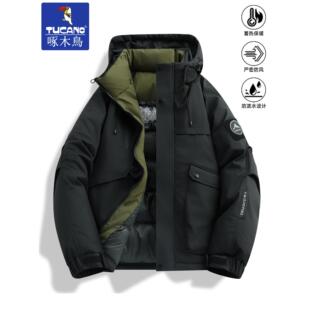 啄木鸟羽绒棉服男士冬季2025新款加厚保暖棉衣连帽棉袄子防寒外套