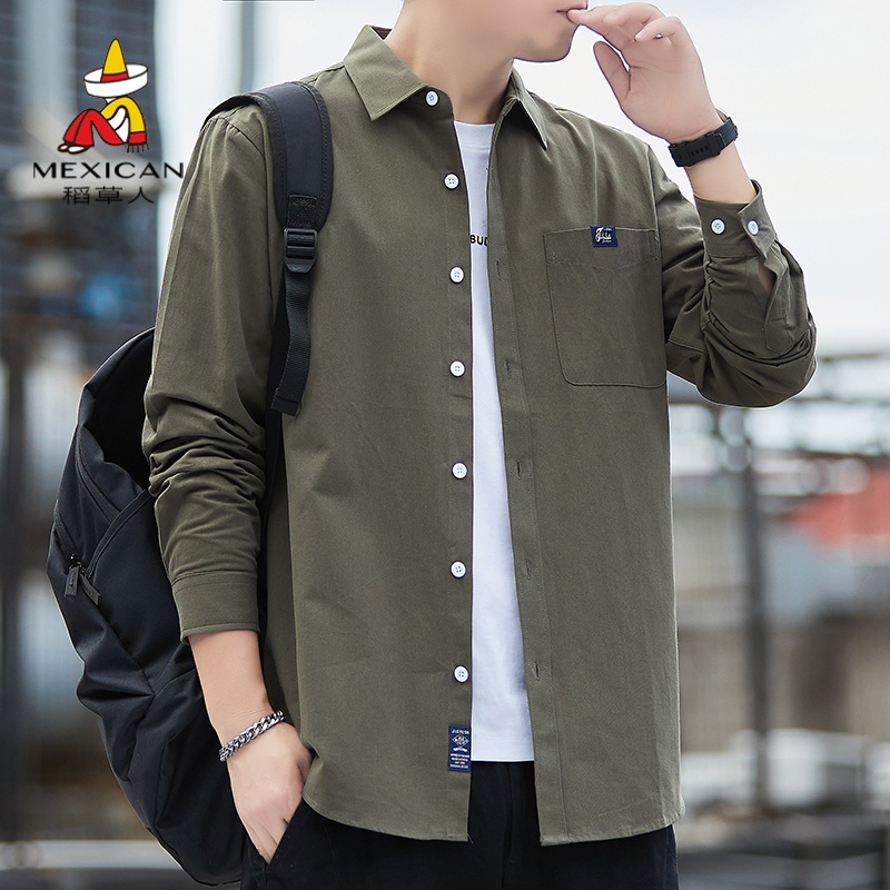 稻草人纯棉长袖衬衫男士春秋季休闲宽松全棉衬衣日系新款翻领外套