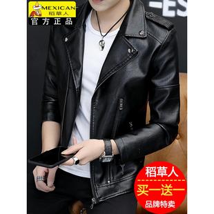 韩版 稻草人皮衣男士 修身 新款 帅气加绒潮流加厚外套潮 夹克春秋冬季