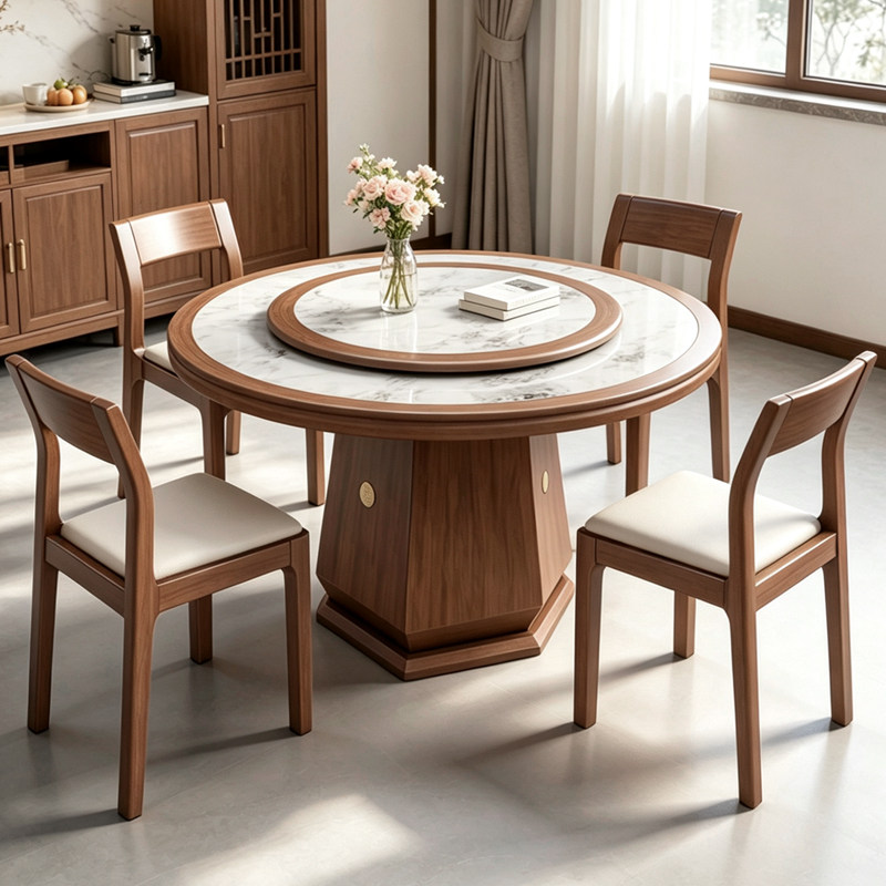 宋式美学实木岩板餐桌新中式圆桌家用圆形饭桌小户型圆餐桌带转盘