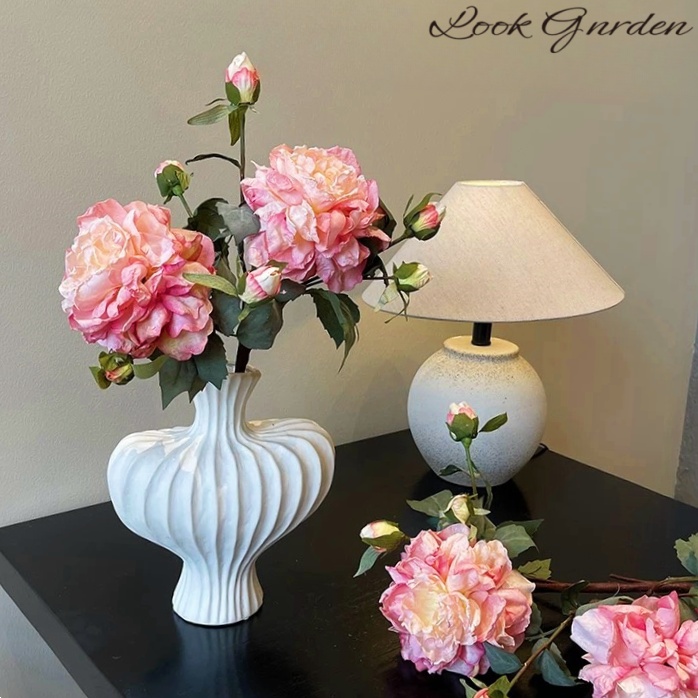 高级感焦边牡丹花束摆件客厅禅意装饰假花摆件卧室玄关摆设仿真花