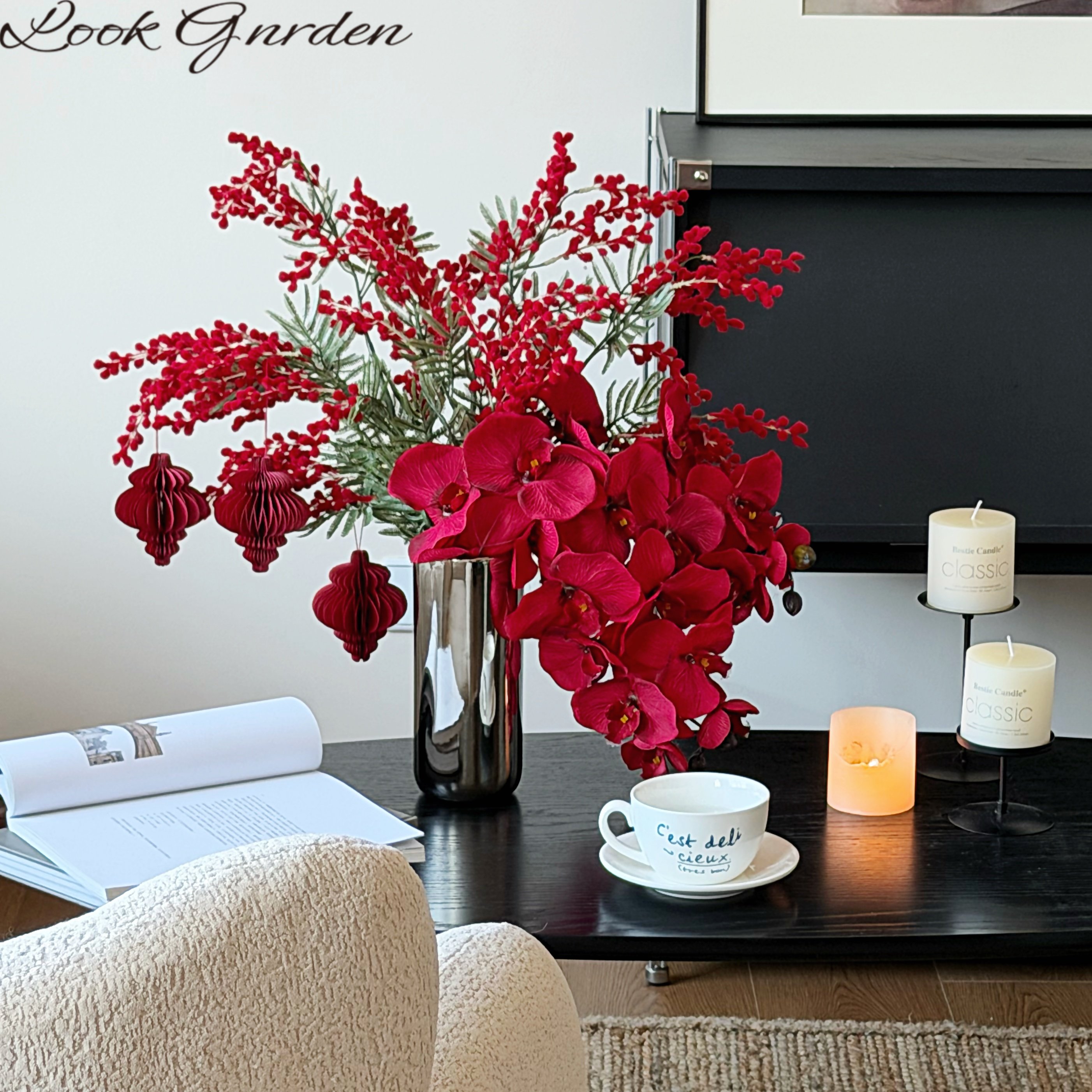 仿真花假花新年客厅家居装饰摆件轻奢高级感氛围过年红色兰花花束