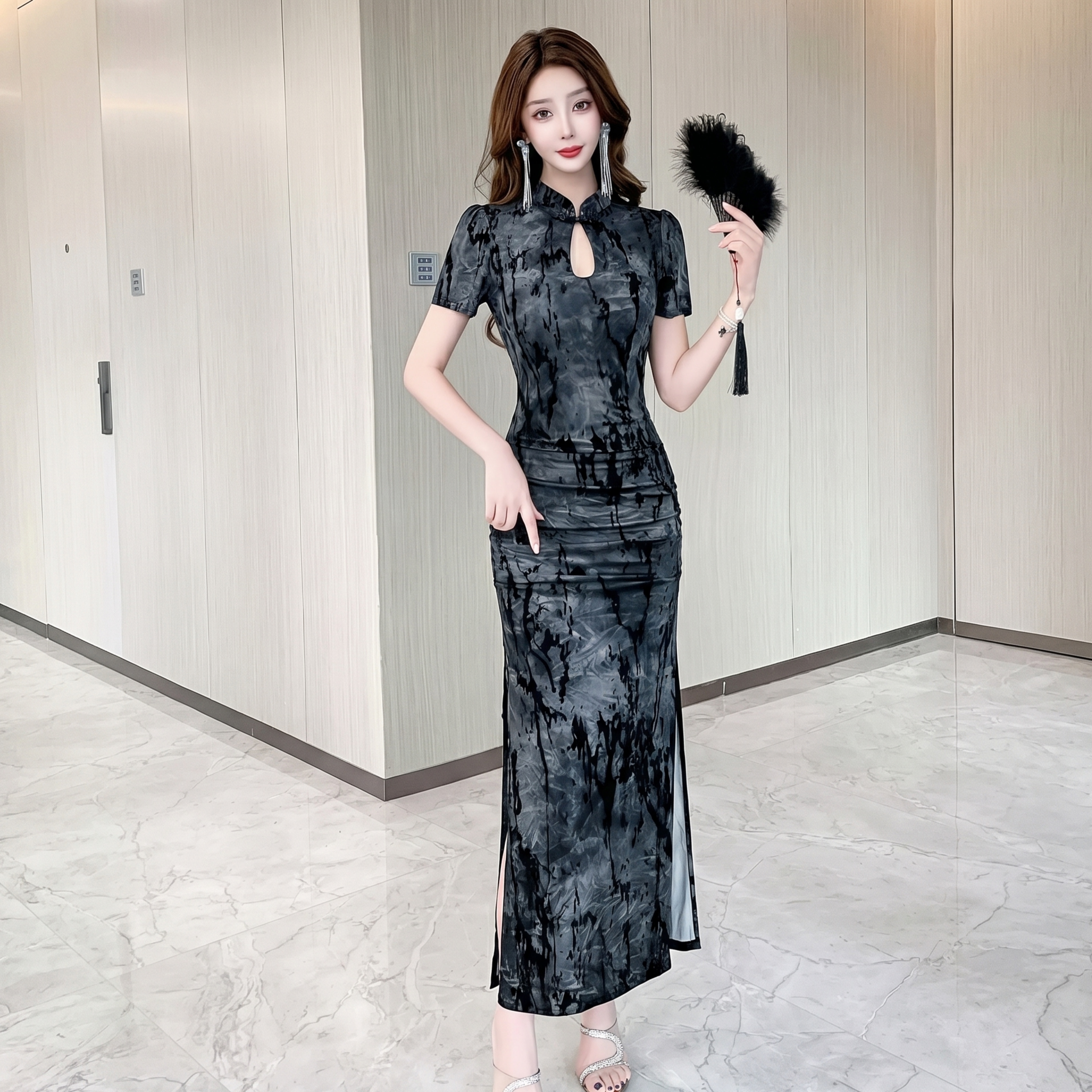 黑色旗袍女新中式国风长裙晚礼服连衣裙高级感减龄柔式技师工作服图片