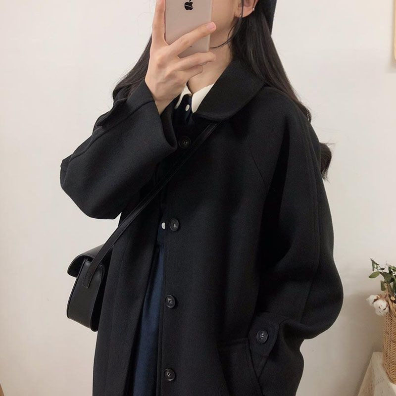 学生毛妮外套女中长款2024冬季新款韩版宽松显瘦加厚过膝