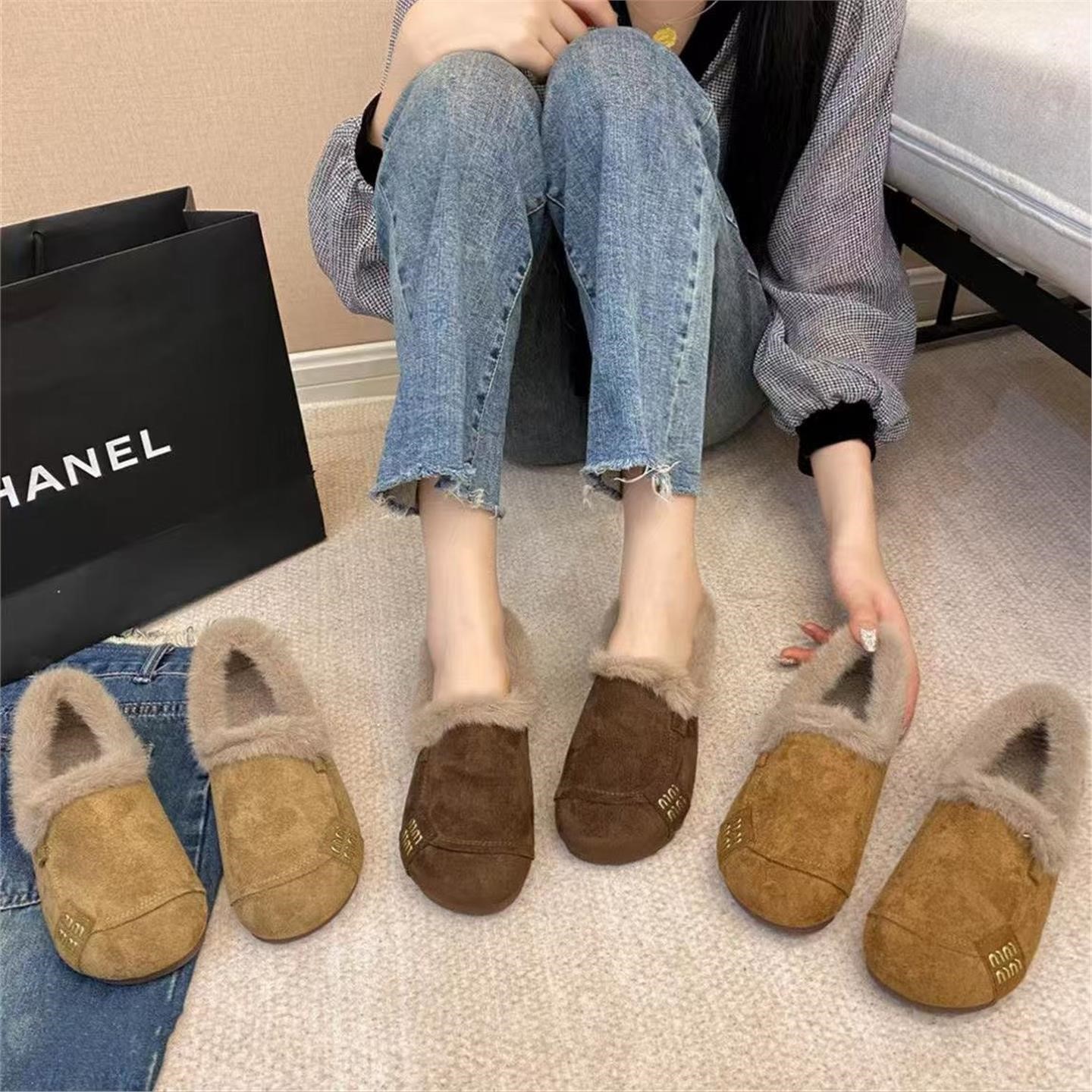 网红秋冬季新款防滑一脚蹬棉鞋女