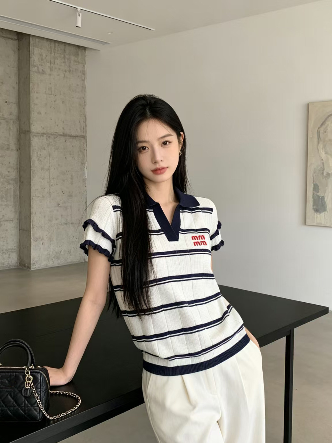 女式甜美修身条纹撞色双层木耳边飞飞袖娃娃领弹力针织短袖衫上衣